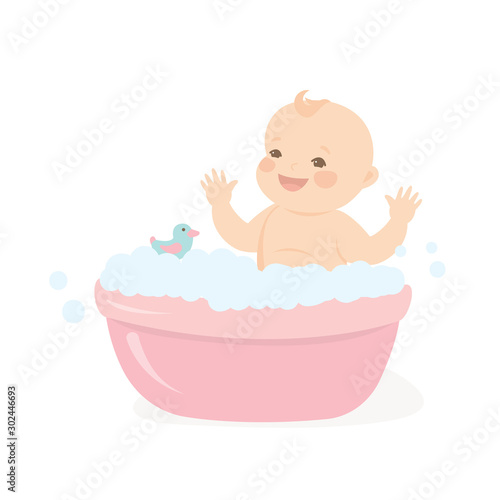 Happy baby taking a bath playing with foam bubbles.Infant baby bath time template.