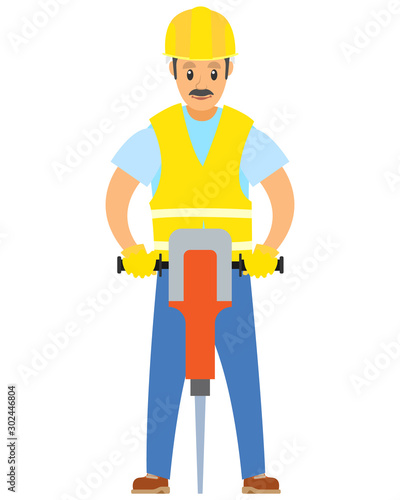 Worker with drill vector, male in uniform drilling and working with constructions creation, man wearing special clothes and protective gloves and helmet