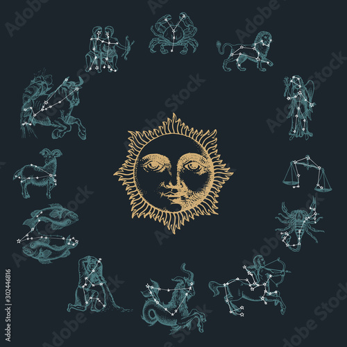 Zodiac constellations on background of drawn astrological symbols in engraving style. Vector horoscope signs with Sun.