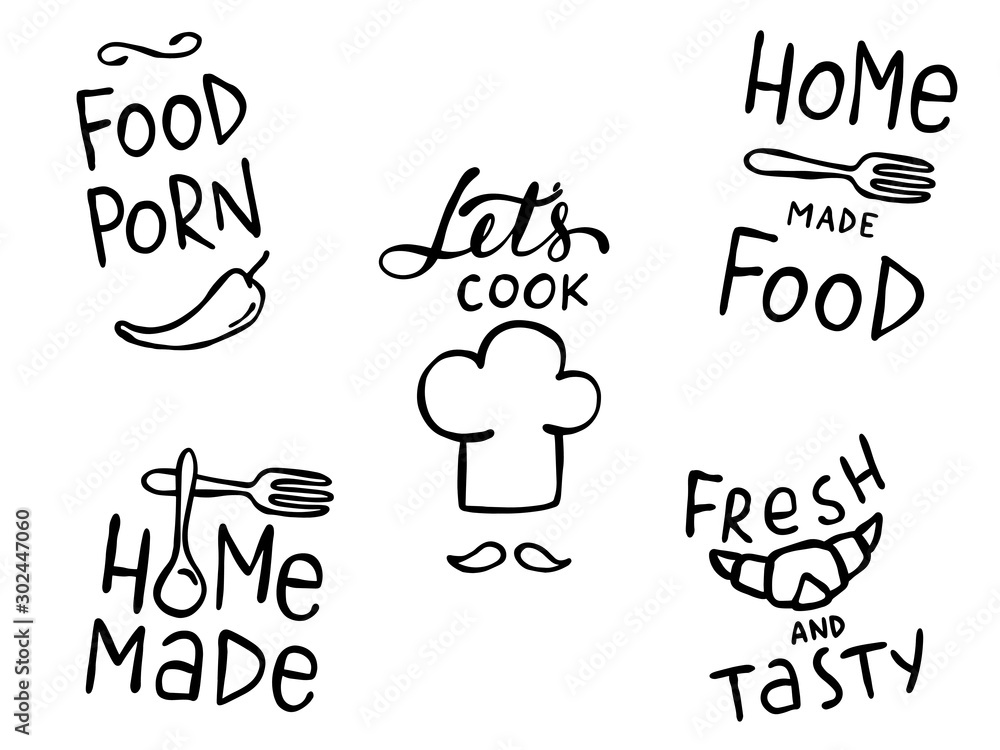 Vecteur Stock Set of old style hand writings about kitchen, food and  cooking. Home made, food porn, home food, fresh and tasty, let's cook. Hand  drawn doodles in a simple style, ink