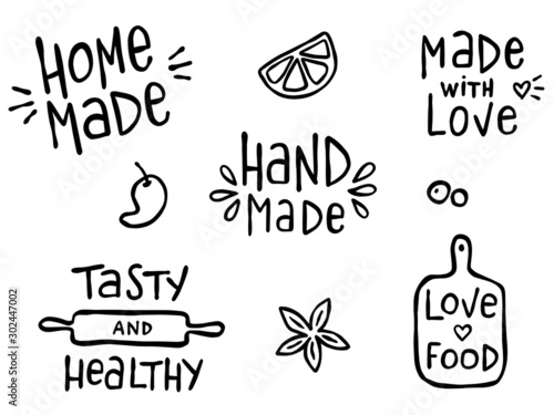 Set of hand drawn simple kitchen phrases about food and cooking - hand made, home made, made with love, tasty and healthy.  Prints for menu, restaurants or cafe, or separate elements. Ink, pen outline photo