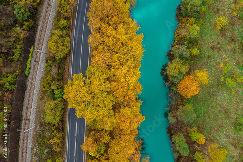 Aerial photo of colorful trees and blue river