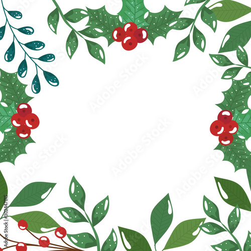 frame of leafs and branches with seeds christmas icons vector illustration design