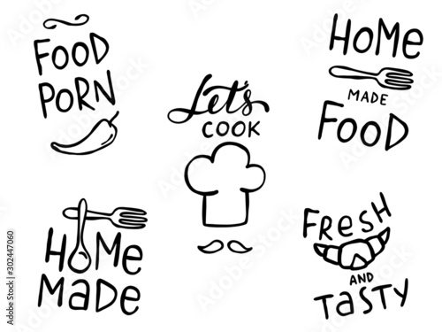 Set of old style hand writings about kitchen, food and cooking. Home made, food porn, home food, fresh and tasty, let's cook. Hand drawn doodles in a simple style, ink or pen outlines. 