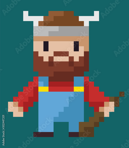 Pixel art character vector, isolated viking holding weapon made of wood flat style icon from 8bit games, horns on hat, bearded male from Norway barbarian. Pixelated superhero for app or video game