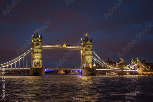 tower bridge in London on a rainy night