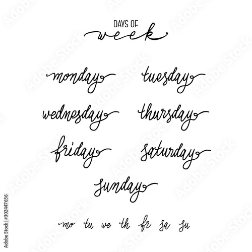 Days of week calligraphy set isolated on white. Sunday, monday, tuesday, wednesday, thursday, friday, saturday lettering for diary and bullet journal.