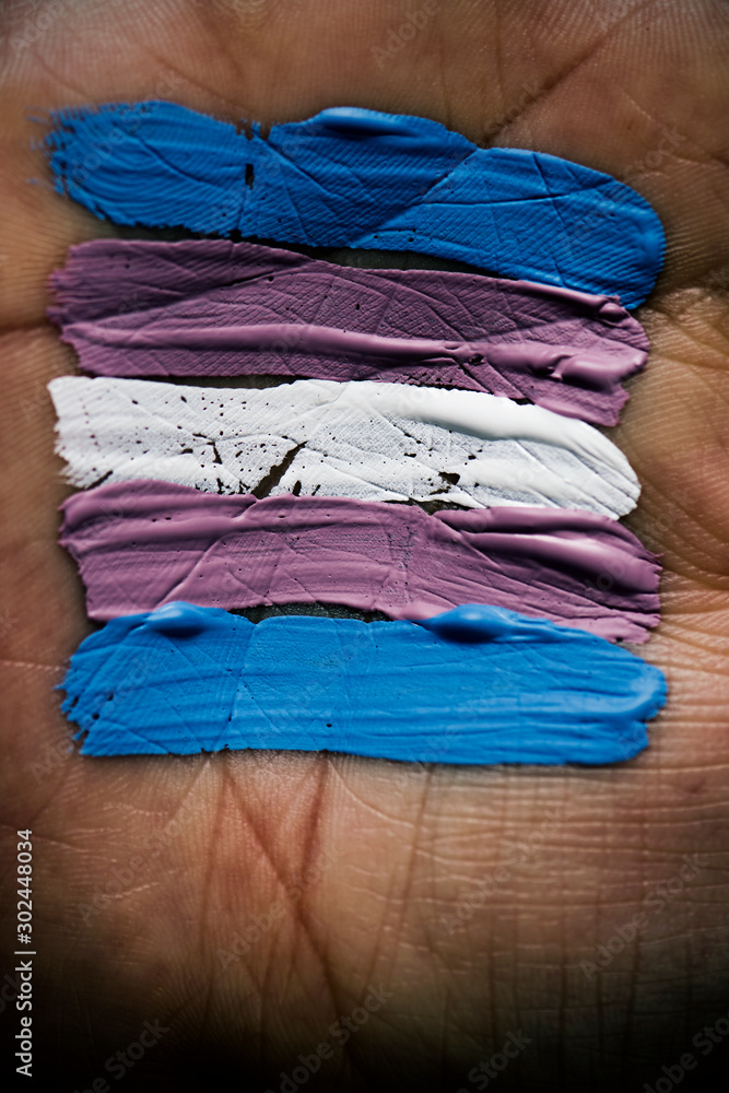 transgender flag in the palm of the hand.