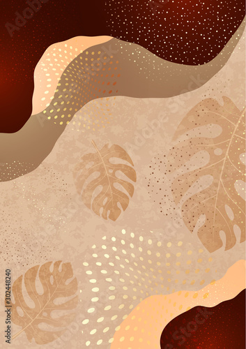 Bright abstract background, colored waves, dots, monstera leaves. Universal art template. Modern graphic design for banners, business cards, invitations, gift cards, flyers, brochures.
