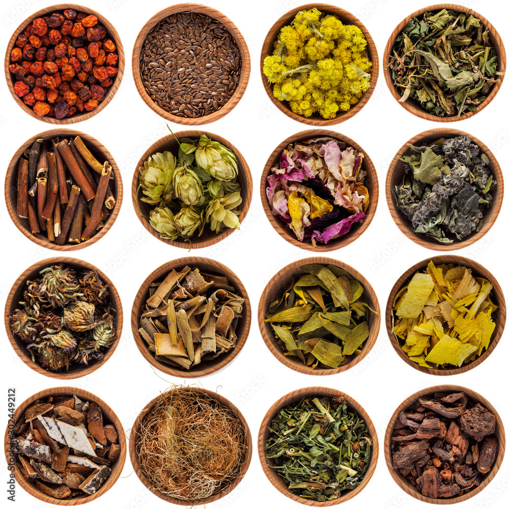 Different dry herbs in wooden cups. Medicinal herbs on a white background Different dry herbs in wooden cups. Medicinal herbs on a white background