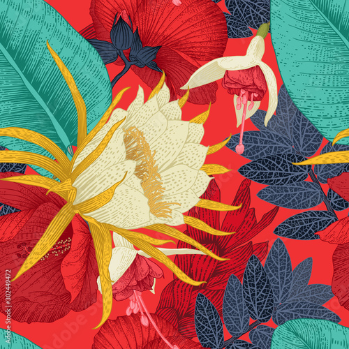 Seamless floral pattern with tropical flowers on red background. Template design for textiles, interior, clothes, wallpaper. Vector illustration.  Botanical art.  Engraving style