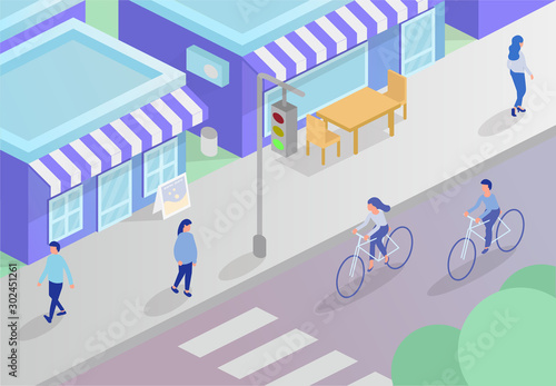 Isometric street 3d road illustration. Man and woman characters riding bicycle in the City. Girl crossing Road On Crosswalk .sidewalk, crosswalk and urban landscape. traffic light. Store. Shop.