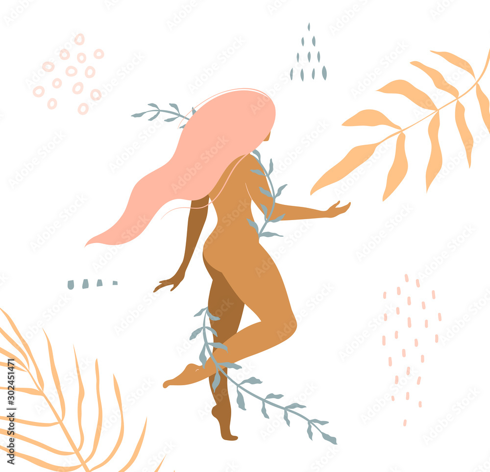 Beautiful nude woman with floral ornaments apparel print design. Beautiful nude woman with floral ornaments apparel print design.