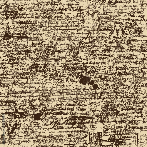 Vector seamless pattern with spots, ink blots, illegible entries and notes. Abstract background with unreadable scribbles imitating handwritten text. Suitable for wallpaper, wrapping paper or fabric