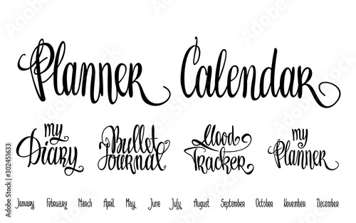 Planner, Calendar lettering set for diary and bullet journal vector illustration. Mood tracker lettering.