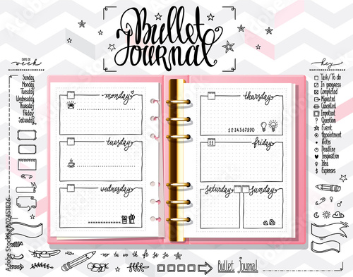 Week organizer. Opened notebook on light white texture. Line doodles set on mock up. Days of week calligraphy and bullet journal elements set.