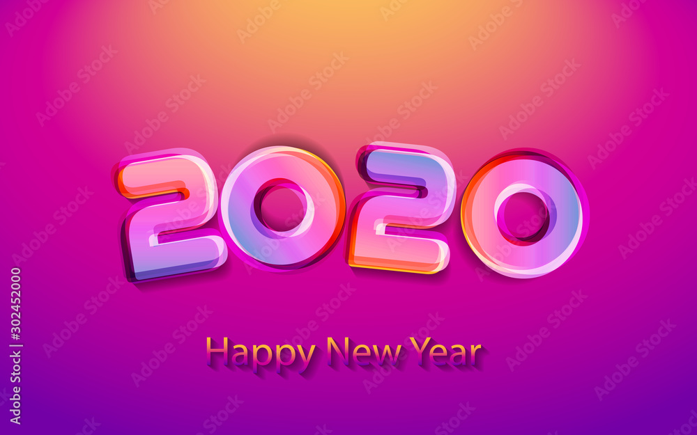 2020 Happy New Year poster with trendy neon background. Numbers cut from paper. Vector Illustration for holiday greeting card, invitation, calendar or banner. 2020 Happy New Year poster with trendy neon background. Numbers cut from paper. Vector Illustration for holiday greeting card, invitation, calendar or banner.
