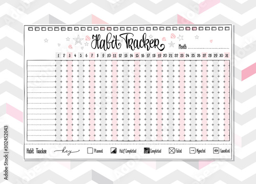 Habit tracker blank with hand written cute numbers and lettering. Bullet journal template. Monthly planer.