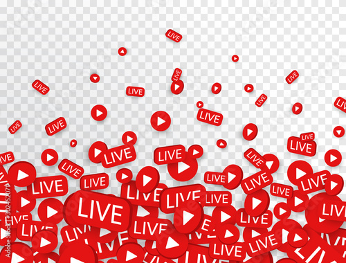 Live stream background with play buttons and live icons. Live streaming, video, news symbol on transparent background. Social media template. Broadcasting, online stream button. Vector illustration