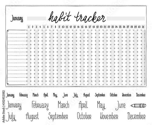 Habit tracker template. Blank with hand written cute names of months. Bullet journal template. Monthly planer. Hand written calendar.