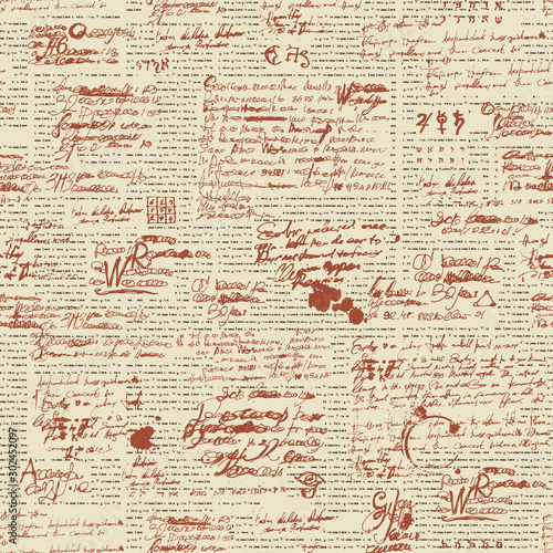 Vector seamless pattern, abstract background with unreadable scribbles imitating handwritten text on the old newspaper page with blots and spots. Suitable for wallpaper, wrapping paper or fabric