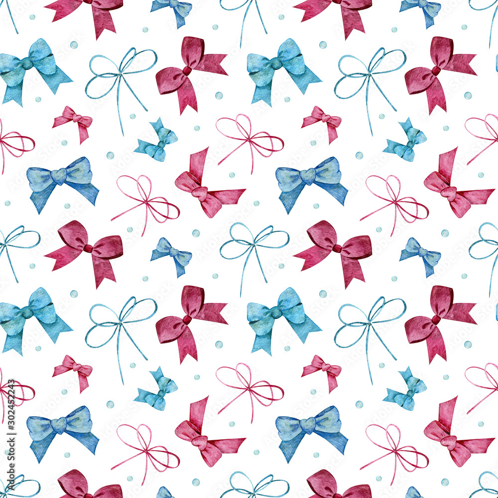 Fototapeta premium Seamless pattern with blue and pink bows and dots. Watercolor illustration of girlish, childish or holiday background.