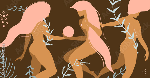 Three nude beautiful women with floral decoration product or apparel design concept.