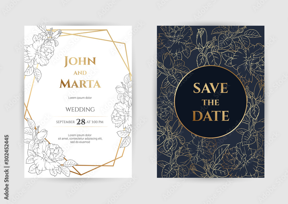 Wedding Invitation with Gold Flowers. background with geometric golden frame. Cover design with an ornament of golden leaves.Trendy templates for banner, flyer, poster, greeting. eps10 Wedding Invitation with Gold Flowers. background with geometric golden frame. Cover design with an ornament of golden leaves.Trendy templates for banner, flyer, poster, greeting. eps10