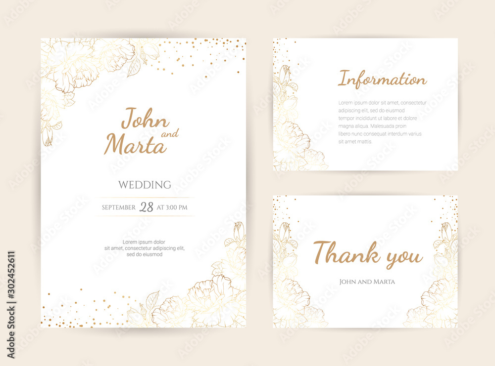 Wedding Invitation with Gold Flowers. background with geometric golden frame. Cover design with an ornament of golden leaves.Trendy templates for banner, flyer, poster, greeting. eps10 - obrazy, fototapety, plakaty 