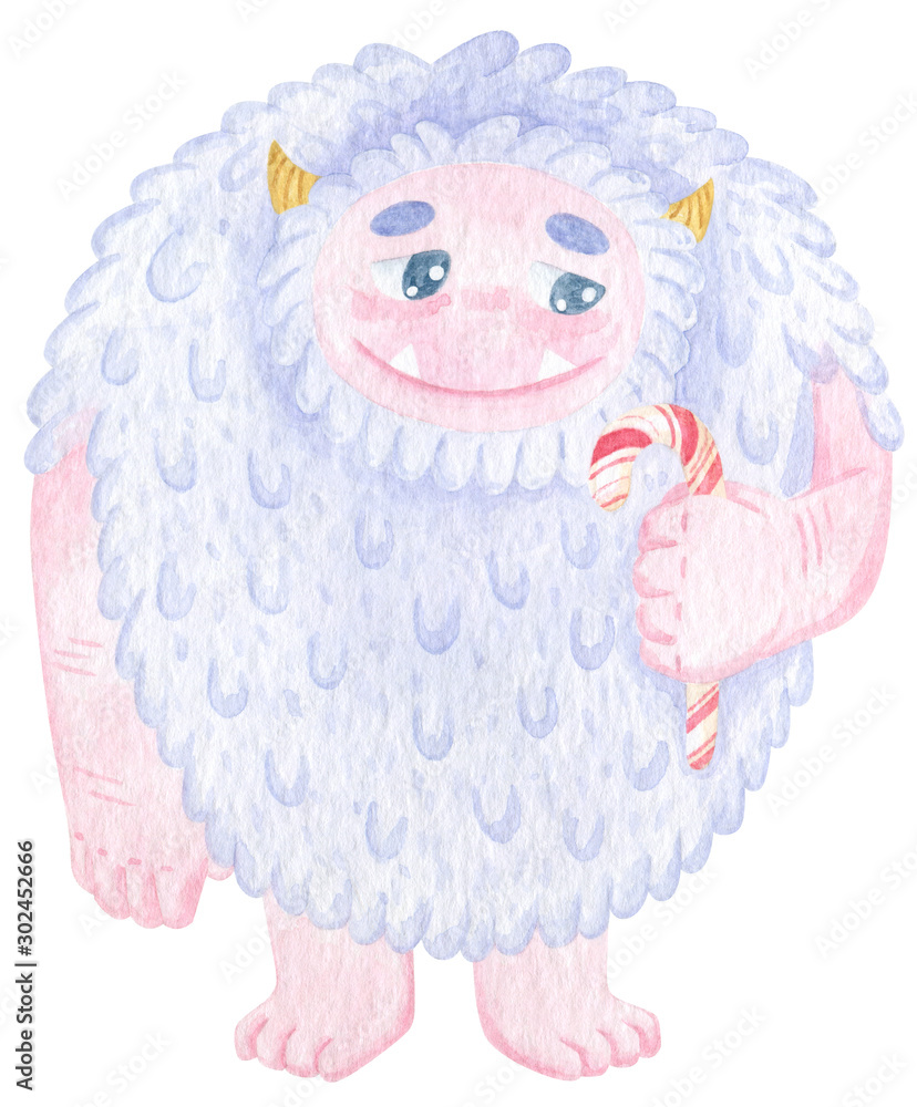 Fototapeta premium Christmas cute yeti character with candy cane. Ho ho ho. Winter cartoon yeti watercolor print. Print on t-shirt or poster. Good monster.