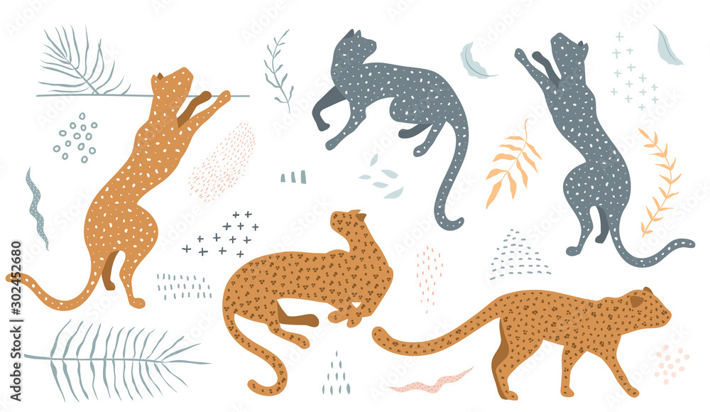 Wild cats in different poses collection clip art with floral leaves and abstract shape designer kit.