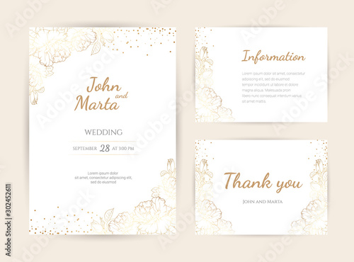 Wedding Invitation with Gold Flowers. background with geometric golden frame. Cover design with an ornament of golden leaves.Trendy templates for banner, flyer, poster, greeting. eps10
