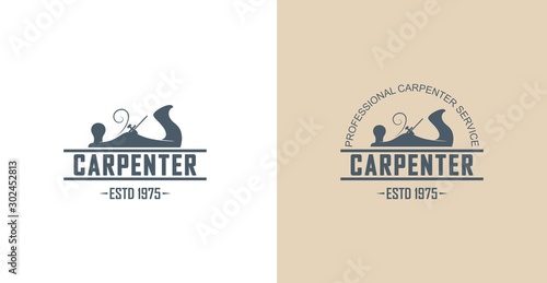 Color illustration of a carpenter workshop logo. Vector illustration of a planer and text on the background. Workshop of service and repair of wooden products.