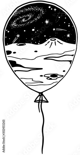 Balloon with a view to a planet landscape and nicht sky full of stars and galaxies. Simple hand doodle, black and white outline. 