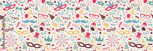 Colorful seamless pattern with carnival, photobooth and birthday party elements. Vector