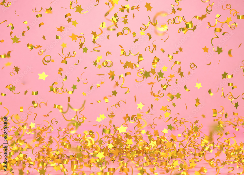 Golden confetti falling on pink background
