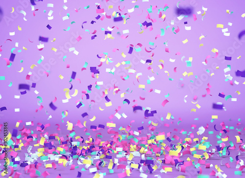 Colorful confetti falling on purple background