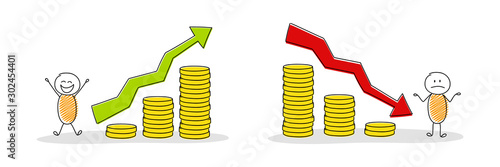 Set of hand drawn stickman with money graphs and arrows. Vector