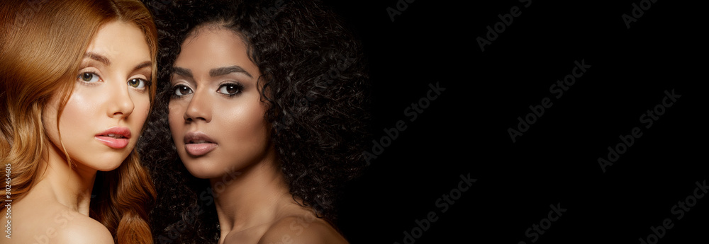 Multi-ethnic beauty. Caucasian and African. Different ethnicity women on black background. Beautiful vogue girls. - obrazy, fototapety, plakaty 