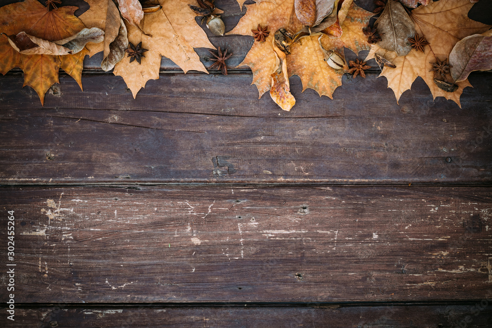 Autumn leaves on wooden wallpaper with copy space. Thanksgiving background