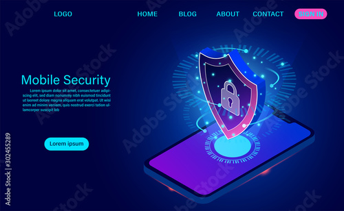 Mobile security concept. protects smart phone from thefts data and attacks. isometric flat design. Vector illustration