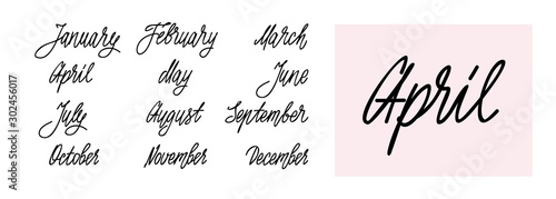 Hand written cute names of months. Bullet journal lettering. Months calligraphy for calendar, notebook, diary. January, February, March, April, May, June, July, September, October, November, December