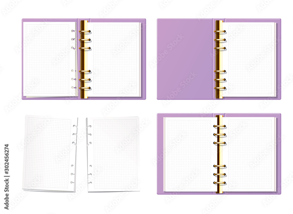 Violet open notebook mock up top view. Paper with dot texture. Opened