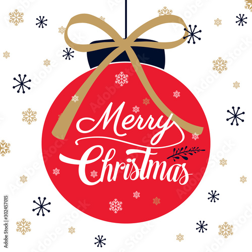 Hand-drawn lettering text inscription Marry Christmas inside the cartoon style red christmas toy with bow on the snowflake wintery background.