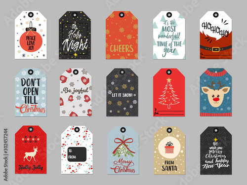 Christmas gift tags set. Creative Hand Drawn textures for winter holidays.