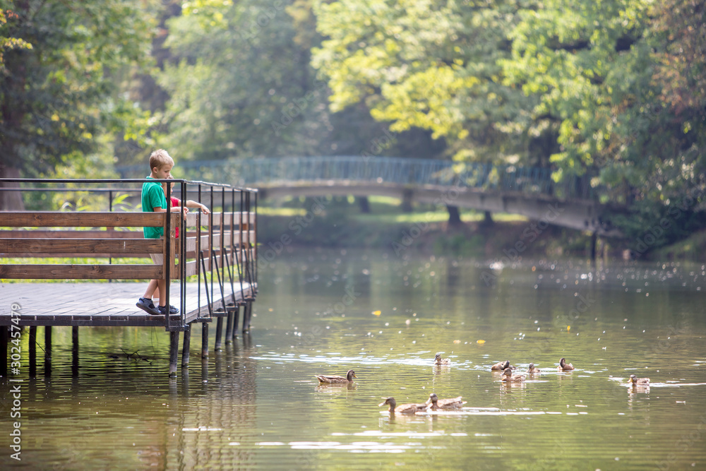 Two children boy and girl standing on wooden deck on a lake shore feeding ducks Two children boy and girl standing on wooden deck on a lake shore feeding ducks