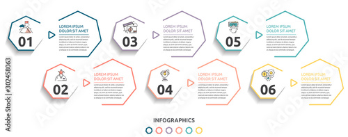 Vector flat infographic template. Line heptagon with text and icons for six diagrams, graph, flowchart, timeline, marketing, presentation. Business concept with 6 options photo