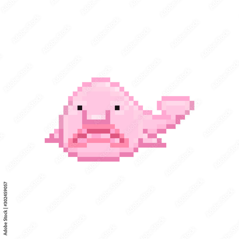 Pink blobfish, pixel art character isolated on white background. 8 bit funny  meme ugly fish icon. Old school vintage retro slot machine/video game  graphics. Deep ocean water animal logotype. Stock Vector |