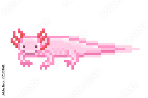 Pink axolotl, pixel art character isolated on white background. 8 bit funny meme salamander icon. Old school vintage retro slot machine/video game graphics. Wildlife animal/exotic pet logotype.