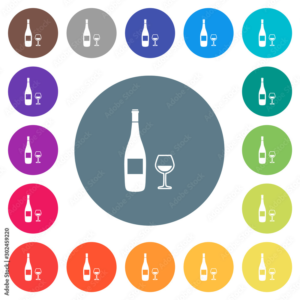 Wine bottle and glass flat white icons on round color backgrounds Wine bottle and glass flat white icons on round color backgrounds